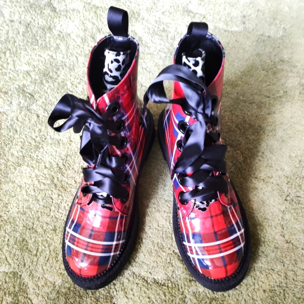 Dolls Kill Red Plaid Combat Boots with Black Ribbon Laces